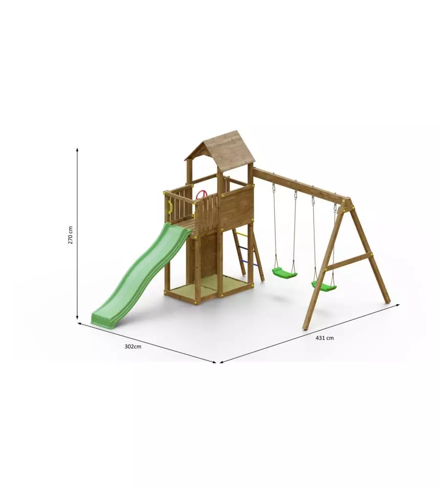 GIOCO PER BAMBINI DA ESTERNO IN LEGNO FUNGOO "BOOMER 3" CON TORRETTA CON SCIVOLO E ALTALENA DOPPIA, 431X302X270 CM