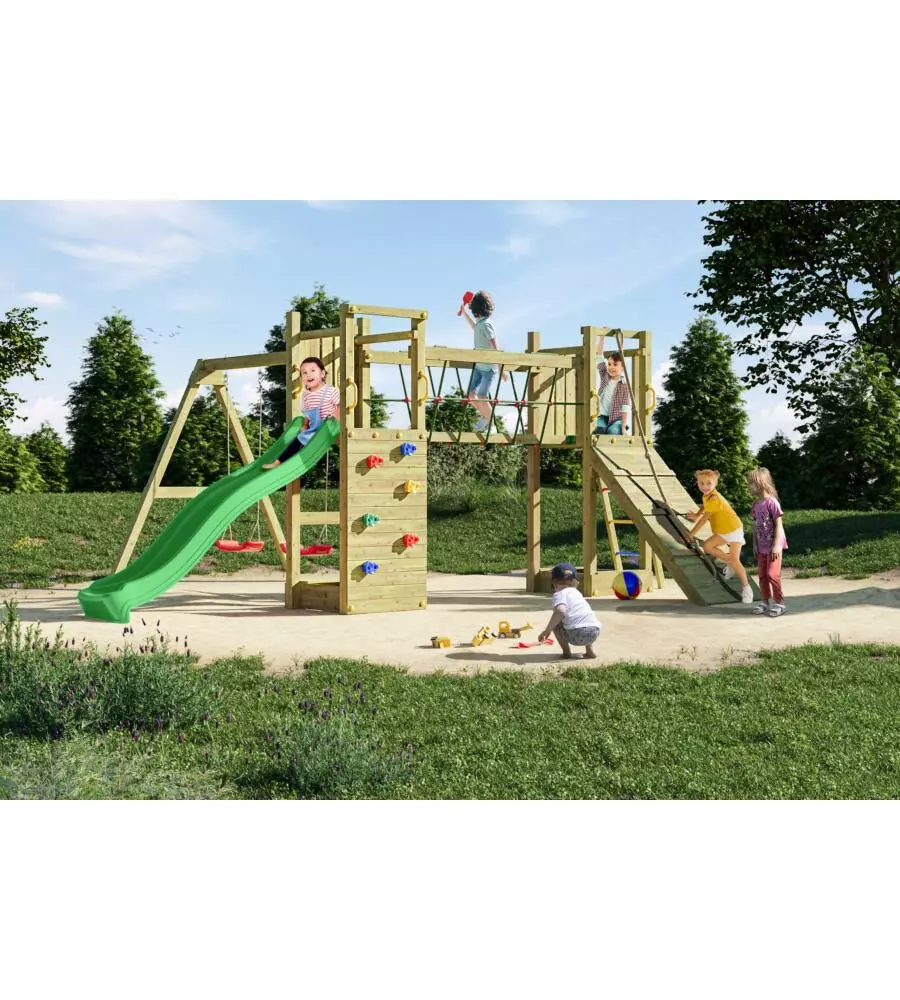 GIOCO PER BAMBINI DA ESTERNO IN LEGNO FUNGOO "MAXI FUNNY EXPOSURE" CON SCIVOLO, TORRETTA, PONTE E ALTALENA, 525X398X210 CM