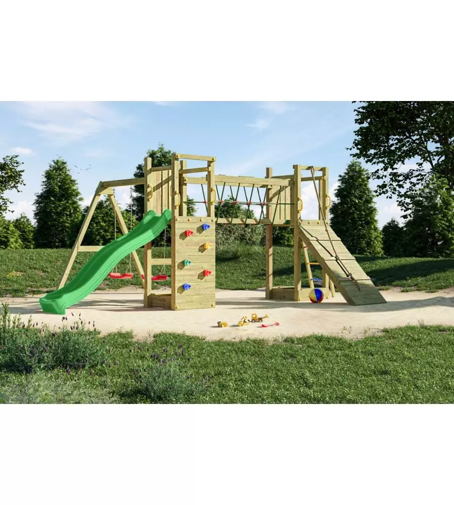GIOCO PER BAMBINI DA ESTERNO IN LEGNO FUNGOO "MAXI FUNNY EXPOSURE" CON SCIVOLO, TORRETTA, PONTE E ALTALENA, 525X398X210 CM