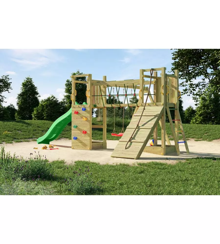 GIOCO PER BAMBINI DA ESTERNO IN LEGNO FUNGOO "MAXI FUNNY EXPOSURE" CON SCIVOLO, TORRETTA, PONTE E ALTALENA, 525X398X210 CM