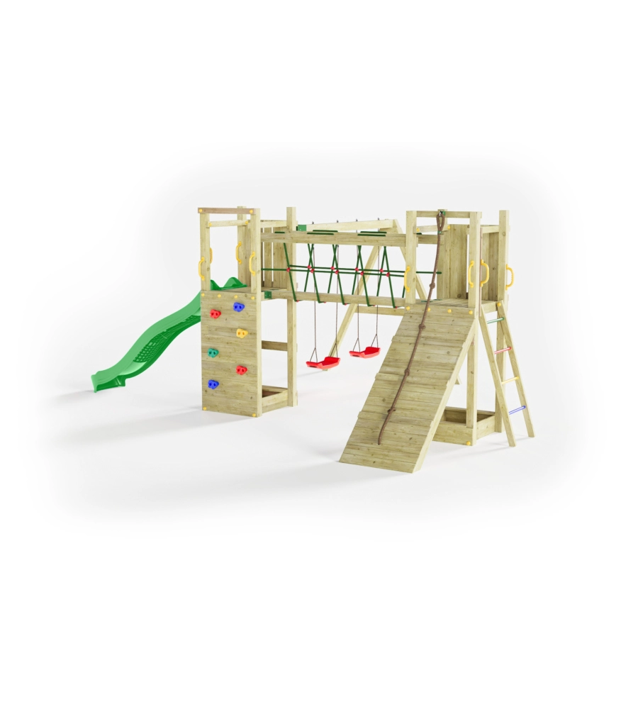 GIOCO PER BAMBINI DA ESTERNO IN LEGNO FUNGOO "MAXI FUNNY EXPOSURE" CON SCIVOLO, TORRETTA, PONTE E ALTALENA, 525X398X210 CM