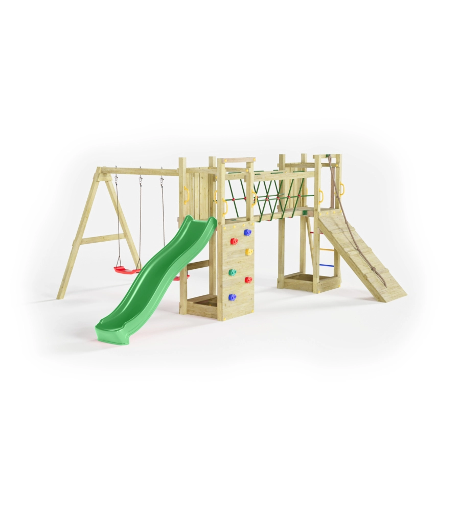 GIOCO PER BAMBINI DA ESTERNO IN LEGNO FUNGOO "MAXI FUNNY EXPOSURE" CON SCIVOLO, TORRETTA, PONTE E ALTALENA, 525X398X210 CM