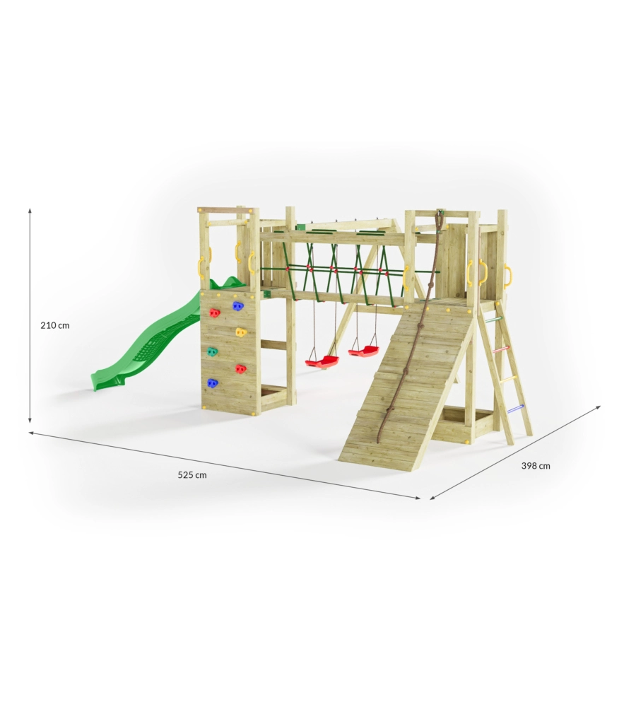 GIOCO PER BAMBINI DA ESTERNO IN LEGNO FUNGOO "MAXI FUNNY EXPOSURE" CON SCIVOLO, TORRETTA, PONTE E ALTALENA, 525X398X210 CM
