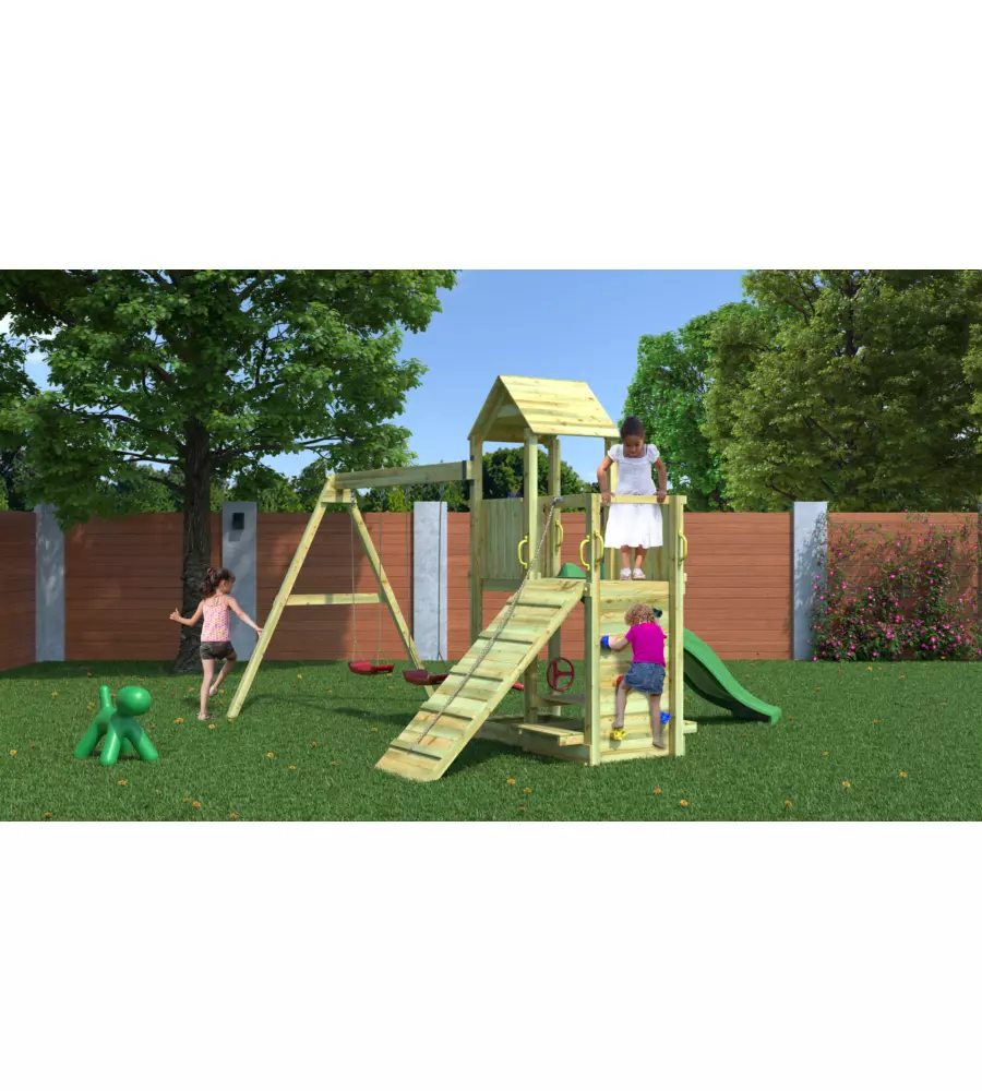 GIOCO PER BAMBINI DA ESTERNO IN LEGNO FUNGOO "FLOPPI TORRETTA" CON TORRETTA SCIVOLO E ALTALENA DOPPIA, 379X396X277 CM