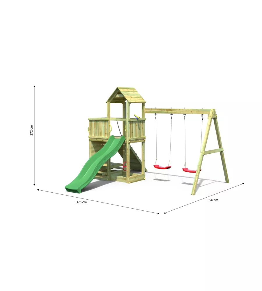 GIOCO PER BAMBINI DA ESTERNO IN LEGNO FUNGOO "FLOPPI TORRETTA" CON TORRETTA SCIVOLO E ALTALENA DOPPIA, 379X396X277 CM