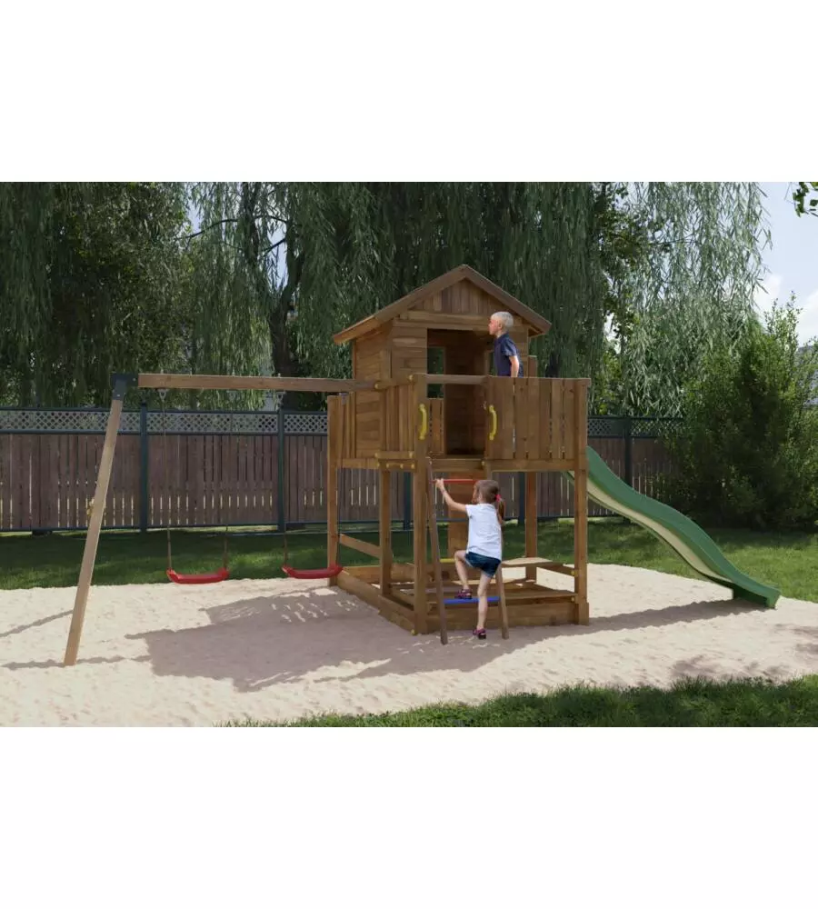 GIOCO PER BAMBINI DA ESTERNO IN LEGNO FUNGOO "MARS" CON CASETTA CON FINESTRA, ALTALENA E SCIVOLO, 558X301X280 CM