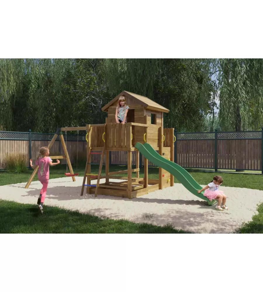 GIOCO PER BAMBINI DA ESTERNO IN LEGNO FUNGOO "MARS" CON CASETTA CON FINESTRA, ALTALENA E SCIVOLO, 558X301X280 CM