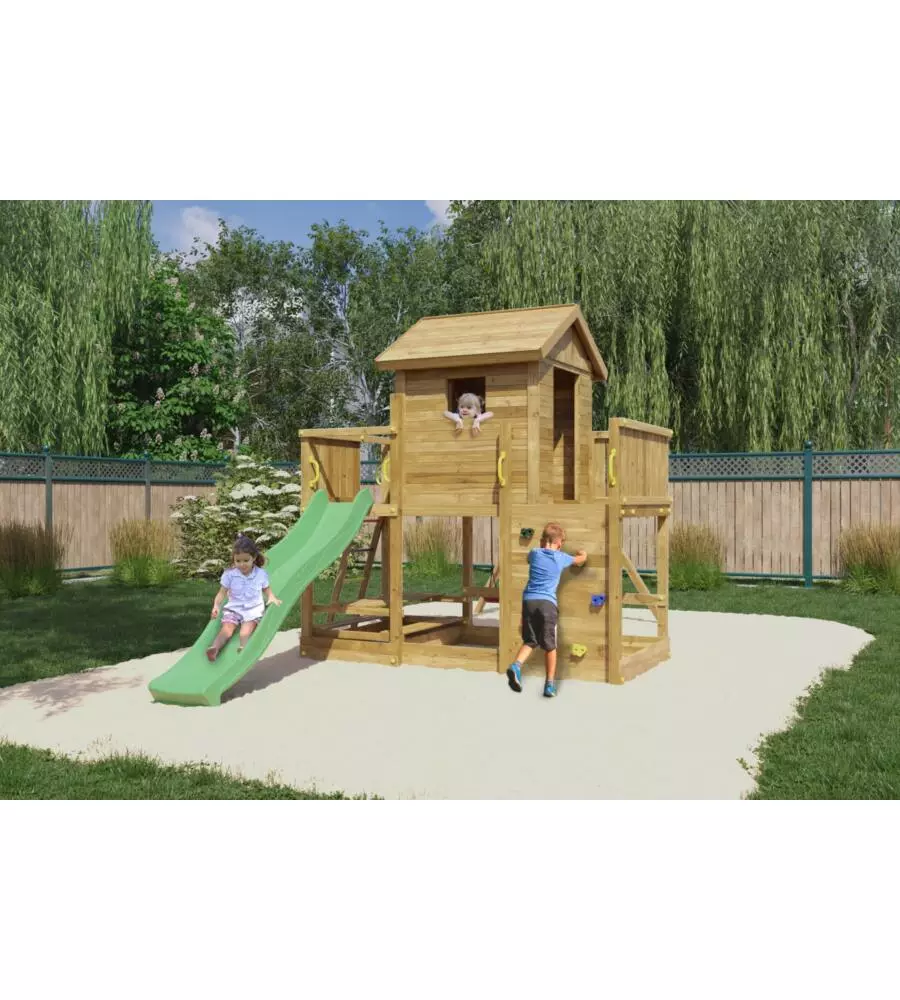 GIOCO PER BAMBINI DA ESTERNO IN LEGNO FUNGOO "MARS" CON CASETTA CON FINESTRA, ALTALENA E SCIVOLO, 558X301X280 CM