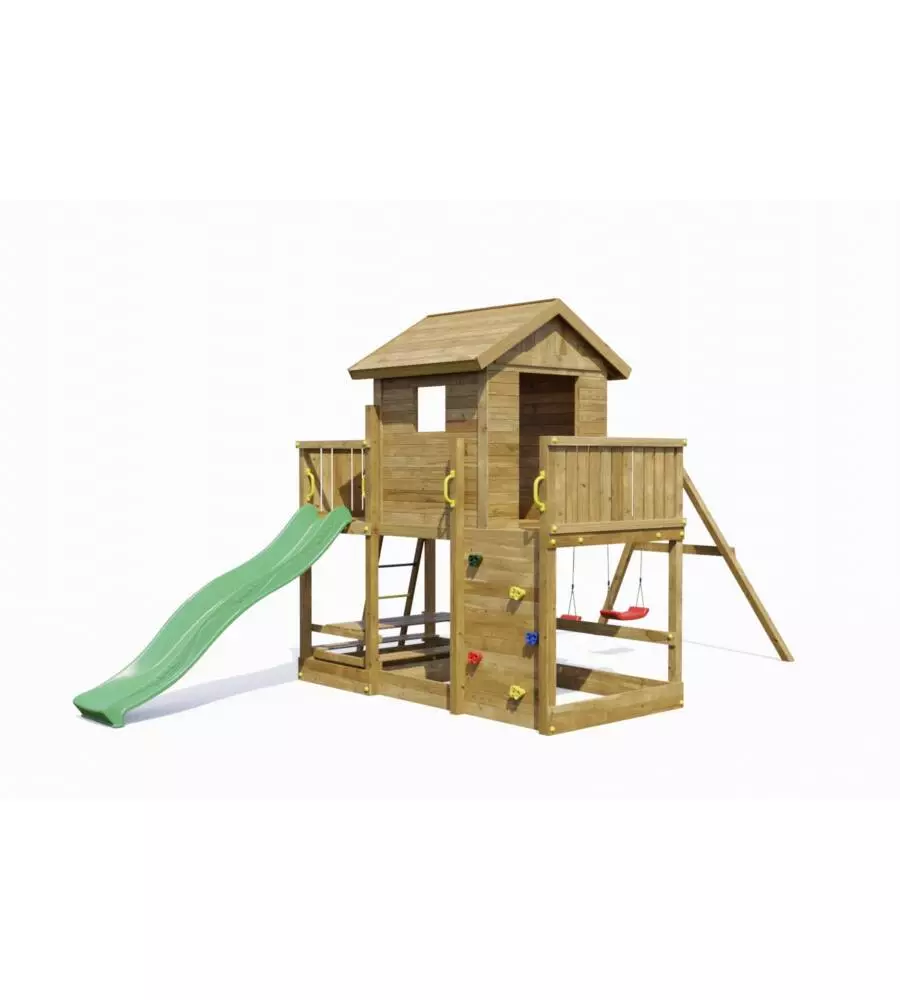 GIOCO PER BAMBINI DA ESTERNO IN LEGNO FUNGOO "MARS" CON CASETTA CON FINESTRA, ALTALENA E SCIVOLO, 558X301X280 CM