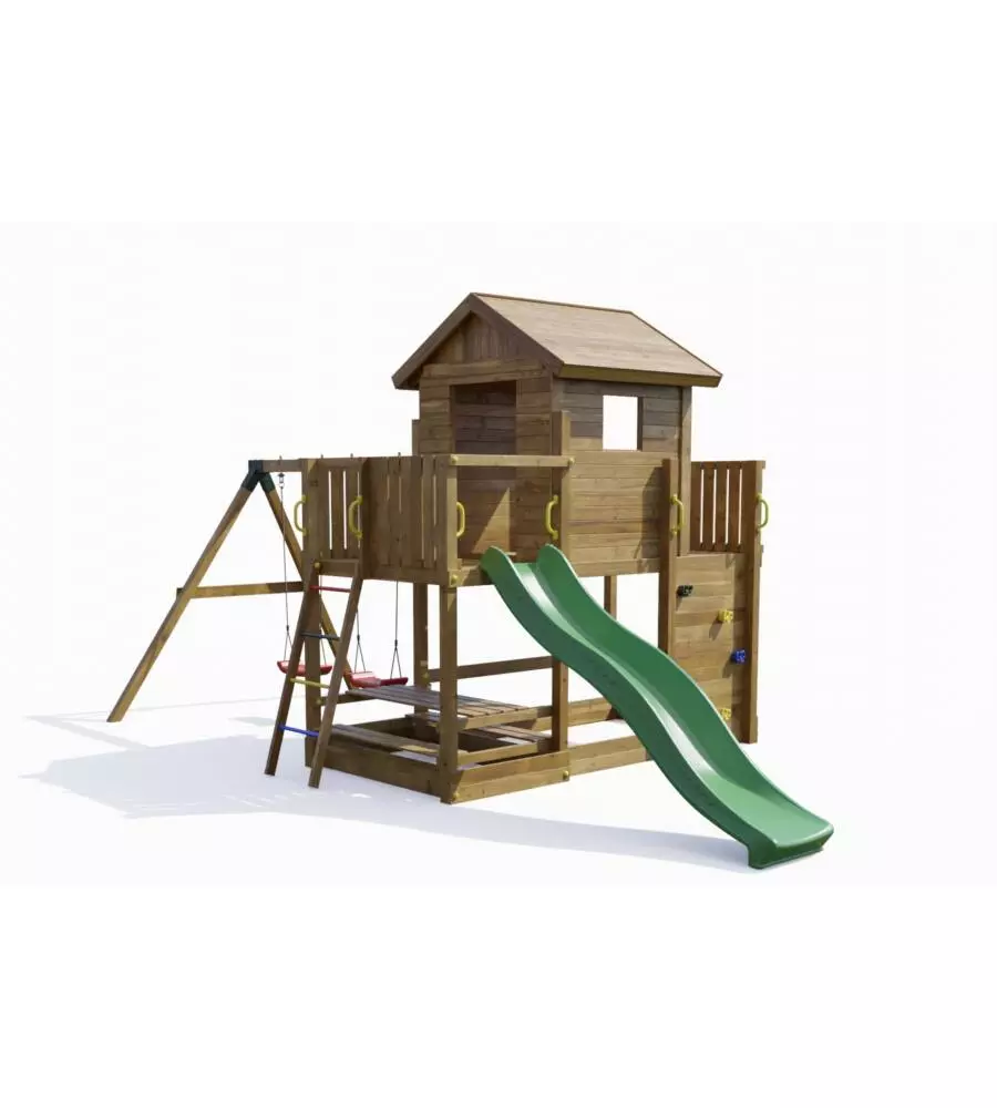 GIOCO PER BAMBINI DA ESTERNO IN LEGNO FUNGOO "MARS" CON CASETTA CON FINESTRA, ALTALENA E SCIVOLO, 558X301X280 CM