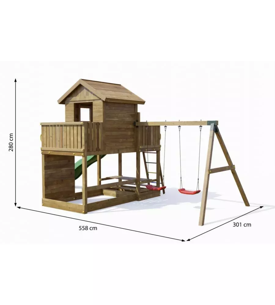 GIOCO PER BAMBINI DA ESTERNO IN LEGNO FUNGOO "MARS" CON CASETTA CON FINESTRA, ALTALENA E SCIVOLO, 558X301X280 CM