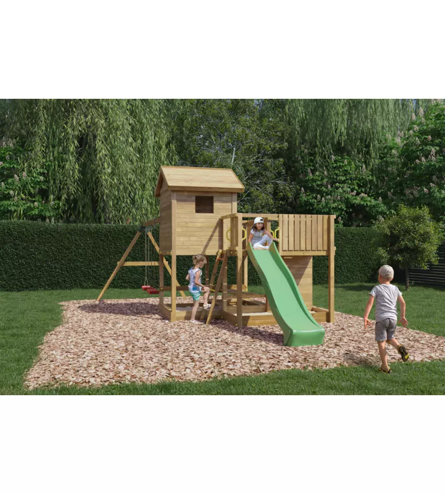 GIOCO PER BAMBINI DA ESTERNO FUNGOO "PLUTO" CON CASETTA CON FINESTRA, ALTALENA DOPPIA E SCIVOLO, 558X301X280 CM