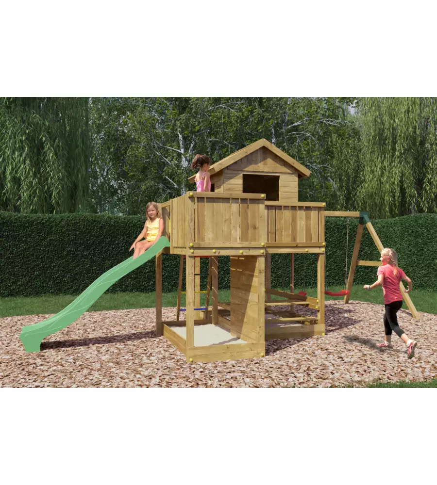 GIOCO PER BAMBINI DA ESTERNO FUNGOO "PLUTO" CON CASETTA CON FINESTRA, ALTALENA DOPPIA E SCIVOLO, 558X301X280 CM