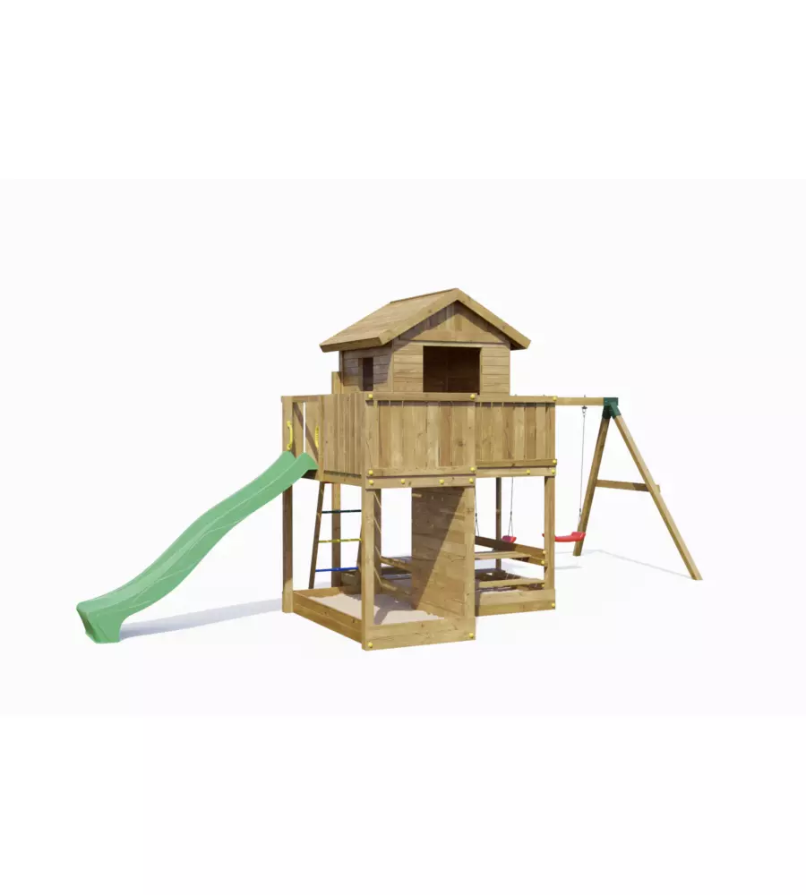 GIOCO PER BAMBINI DA ESTERNO FUNGOO "PLUTO" CON CASETTA CON FINESTRA, ALTALENA DOPPIA E SCIVOLO, 558X301X280 CM