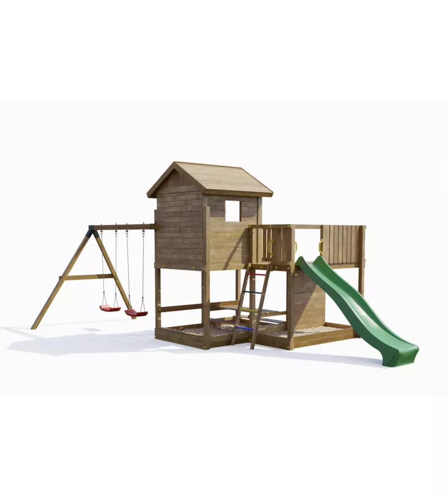 GIOCO PER BAMBINI DA ESTERNO FUNGOO "PLUTO" CON CASETTA CON FINESTRA, ALTALENA DOPPIA E SCIVOLO, 558X301X280 CM