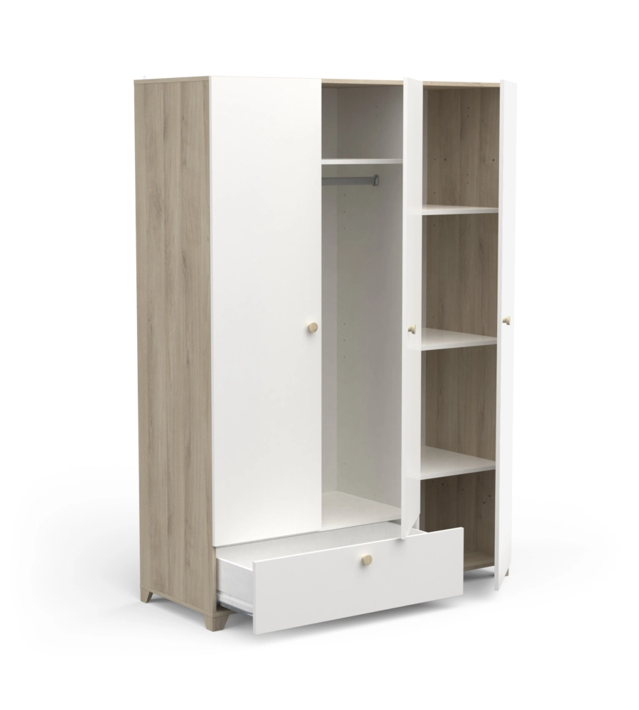 ARMADIO 2 ANTE E 1 CASSETTO "IZZY" COLORE BIANCO OPACO E QUERCIA, 134,6X51,7X185,7 CM