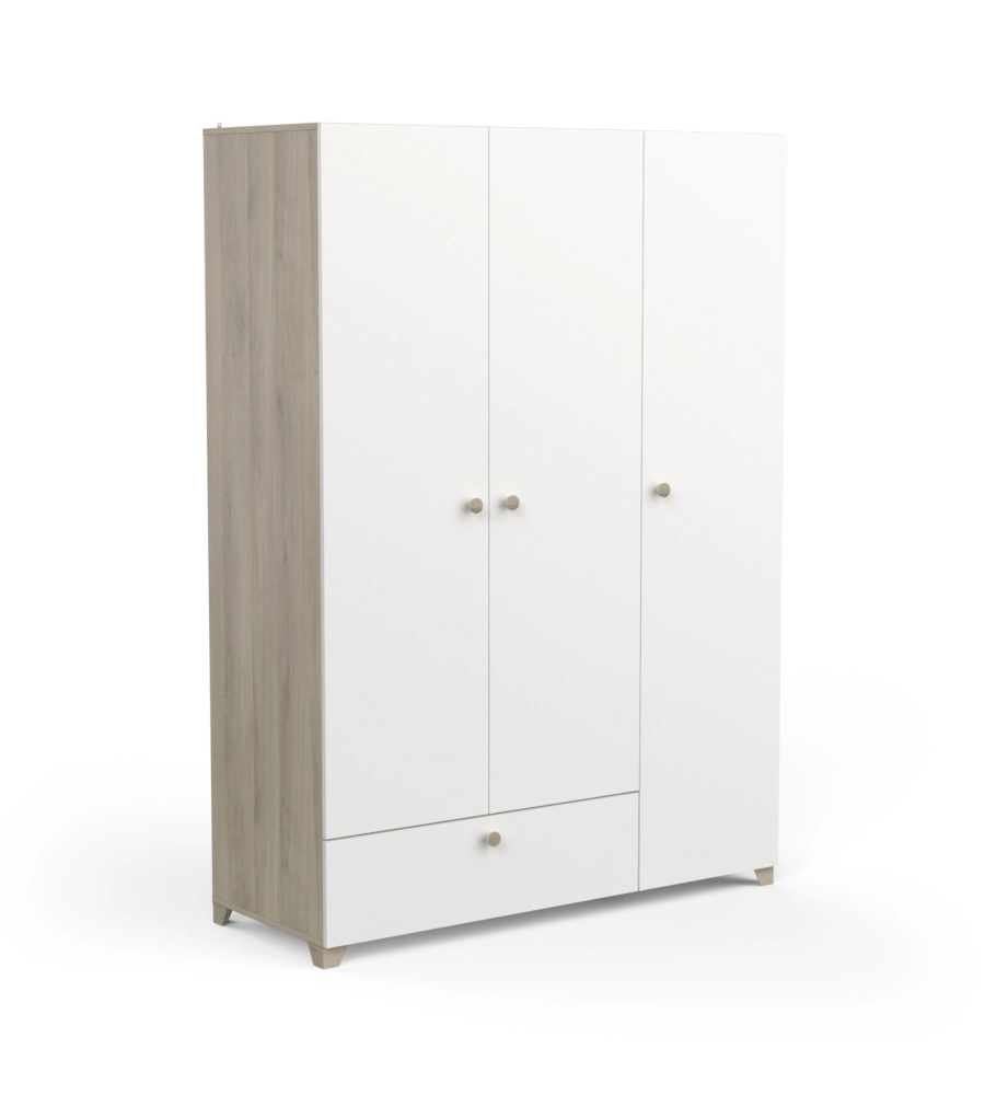 ARMADIO 2 ANTE E 1 CASSETTO "IZZY" COLORE BIANCO OPACO E QUERCIA, 134,6X51,7X185,7 CM