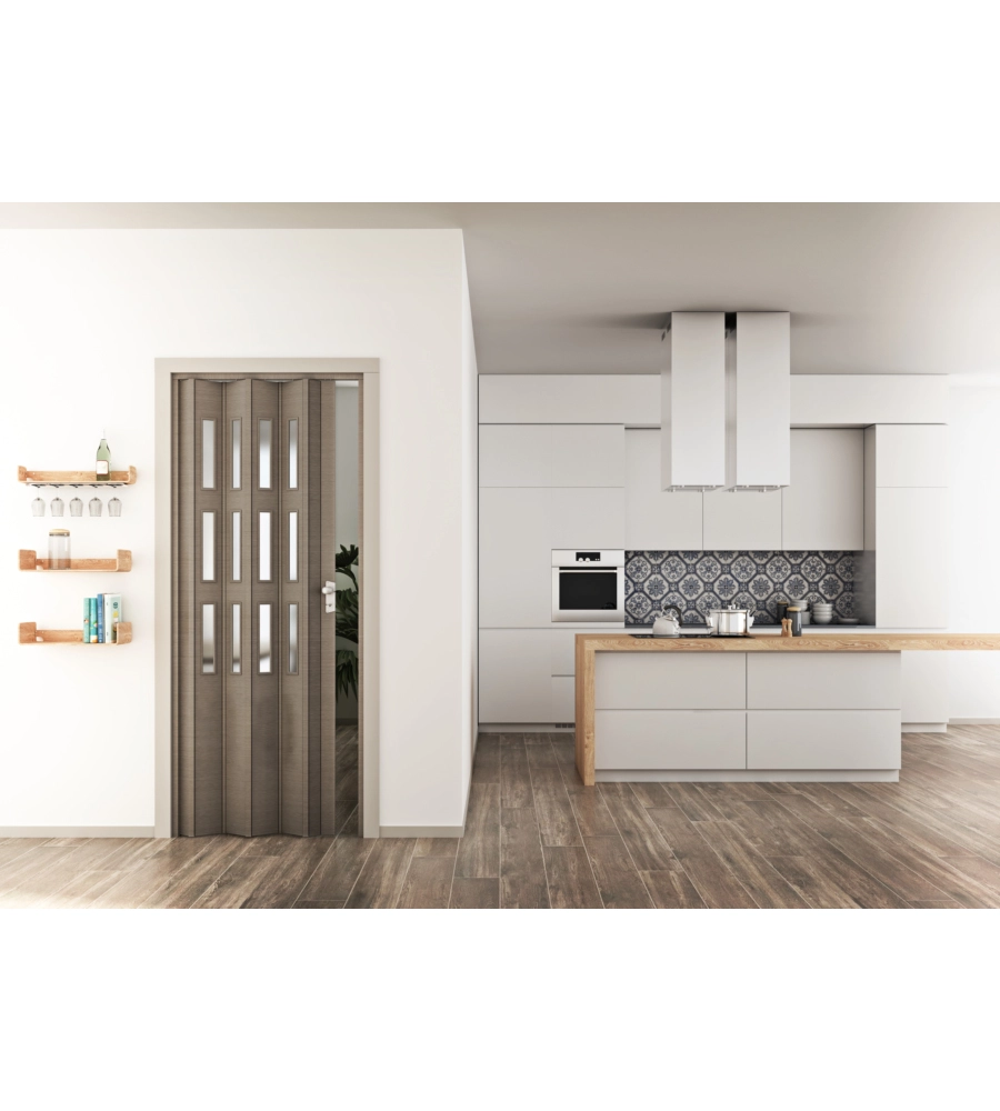 PORTA A SOFFIETTO DA INTERNO "LUCIANA" ROVERE TORTORA CON VETRO 88,5X214 CM