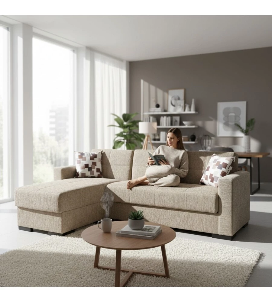 DIVANO LETTO "MERLIN" CON CASSETTONE E PENISOLA REVERSIBILE BEIGE, 225X150X81 CM