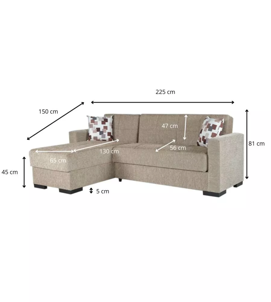 DIVANO LETTO "MERLIN" CON CASSETTONE E PENISOLA REVERSIBILE BEIGE, 225X150X81 CM
