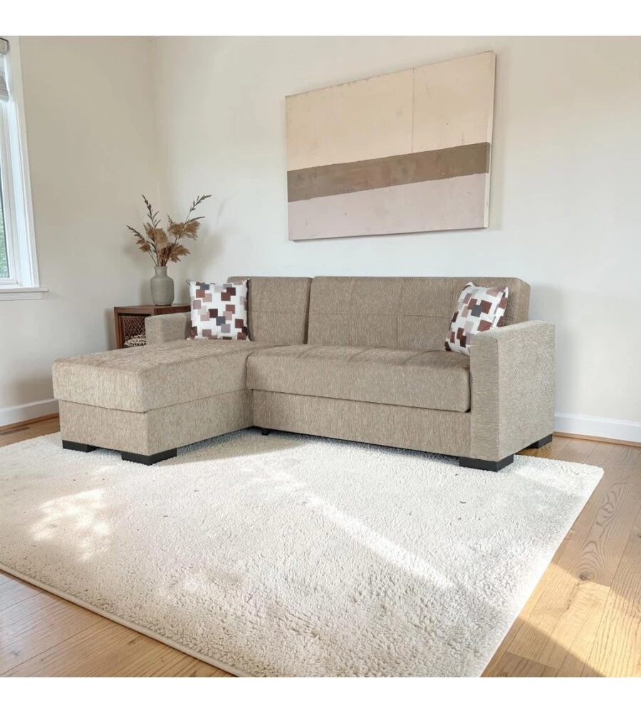 DIVANO LETTO "MERLIN" CON CASSETTONE E PENISOLA REVERSIBILE BEIGE, 225X150X81 CM