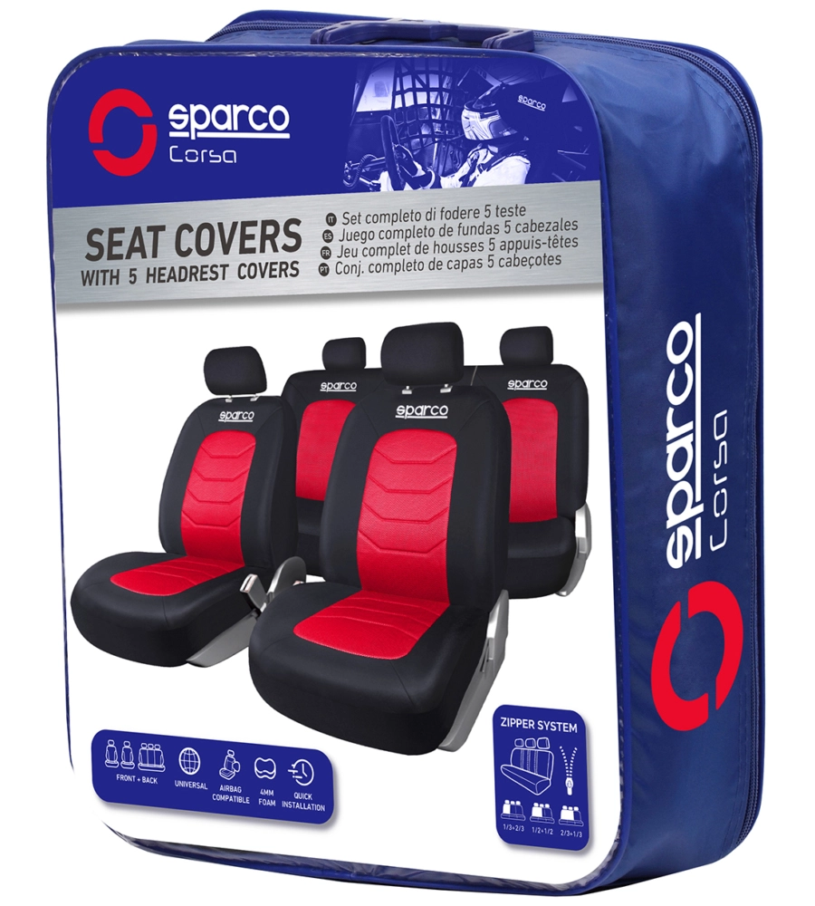 Coprisedili Auto Universali 2+1 In Tessuto Rosso E Nero, Traspiranti E Lavabili