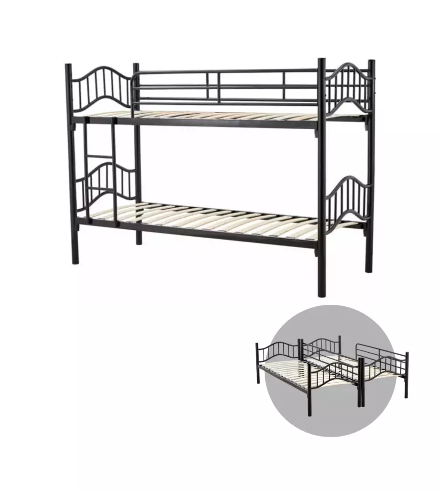 LETTO A CASTELLO BELLAHOME "BERNA"  SCOMPONIBILE IN 2 LETTI SINGOLI IN FERRO NERO 203X83X145,5 CM