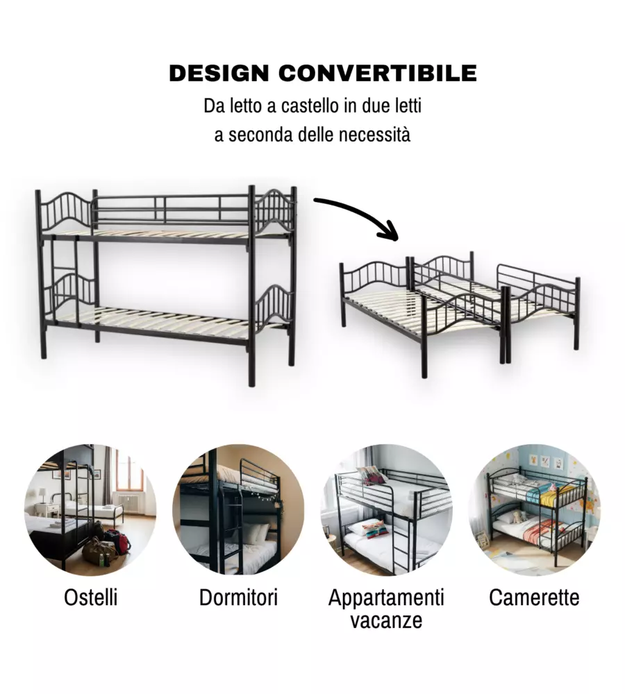 LETTO A CASTELLO BELLAHOME "BERNA"  SCOMPONIBILE IN 2 LETTI SINGOLI IN FERRO NERO 203X83X145,5 CM