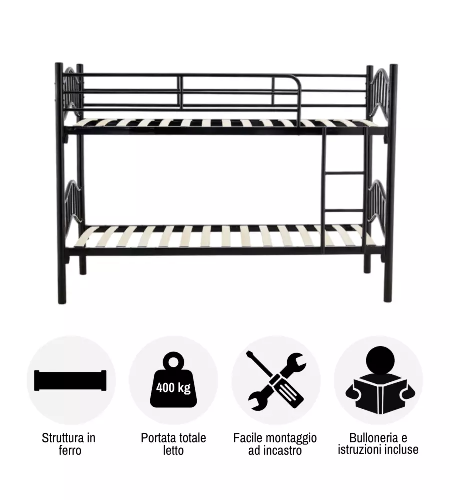 LETTO A CASTELLO BELLAHOME "BERNA"  SCOMPONIBILE IN 2 LETTI SINGOLI IN FERRO NERO 203X83X145,5 CM