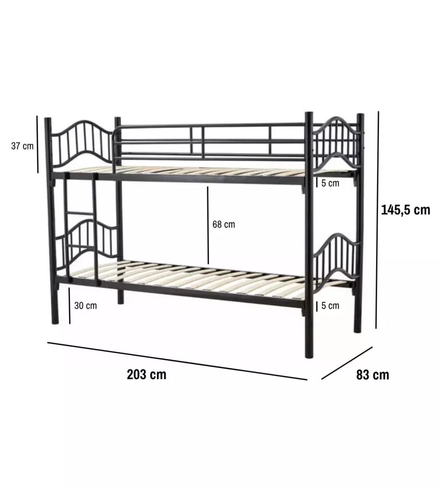 LETTO A CASTELLO BELLAHOME "BERNA"  SCOMPONIBILE IN 2 LETTI SINGOLI IN FERRO NERO 203X83X145,5 CM