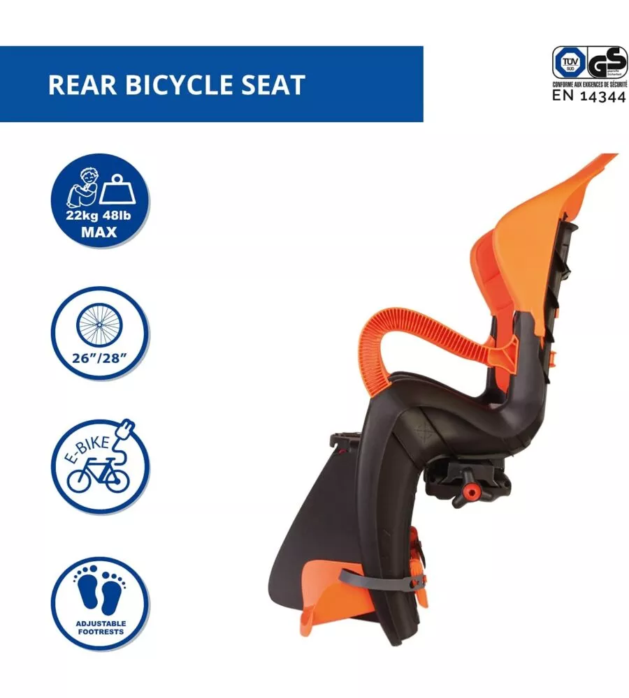 SEGGIOLINO POSTERIORE PER BICLETTA BELLELLI "TIGER CLAMP" GREY/ORANGE, PORTATA MASSIMA 22 KG