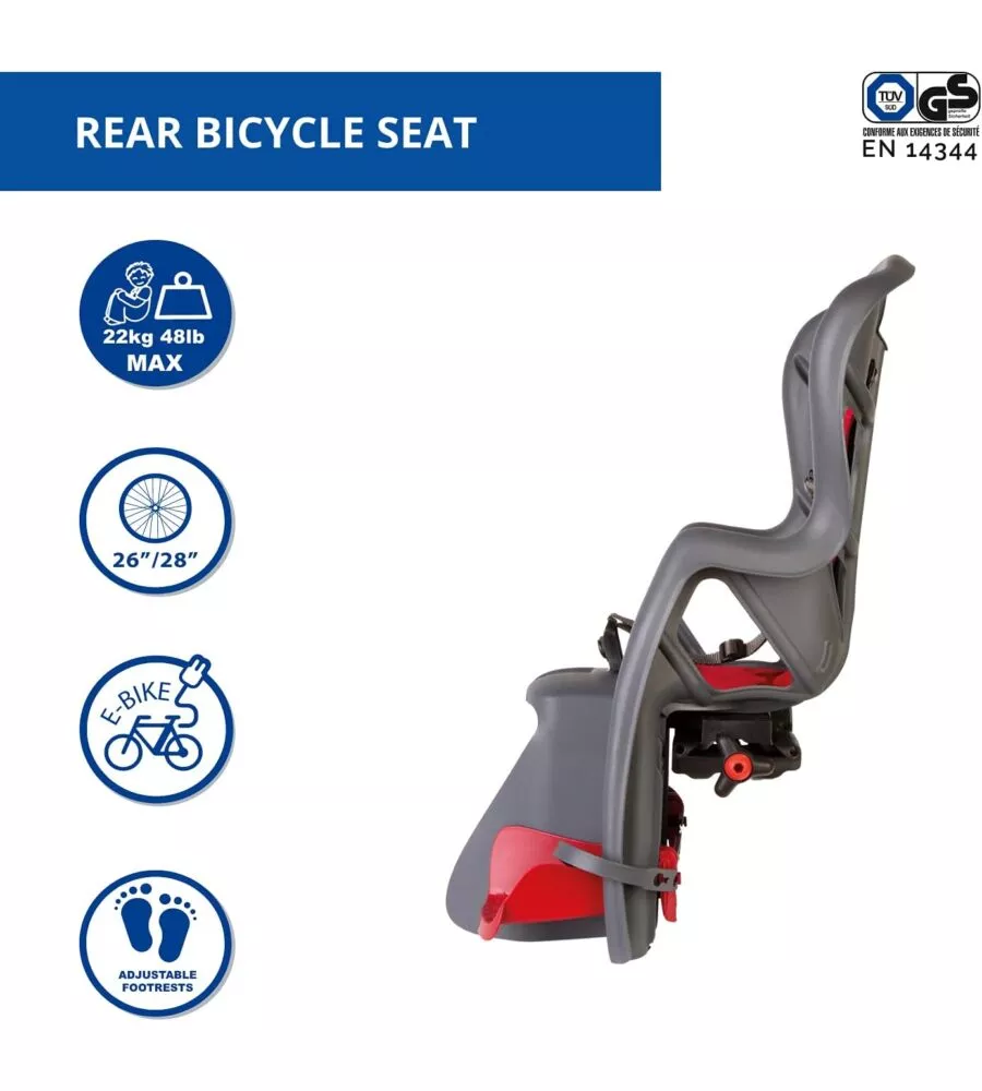 SEGGIOLINO POSTERIORE GRIGIO SCURO E ROSSO PER BICICLETTA PER BAMBINI, MAX. 22 KG, DA 3 A 8 ANNI - SI FISSA AL PORTAPACCHI