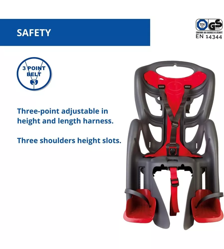 SEGGIOLINO POSTERIORE GRIGIO SCURO E ROSSO PER BICICLETTA PER BAMBINI, MAX. 22 KG, DA 3 A 8 ANNI - SI FISSA AL PORTAPACCHI