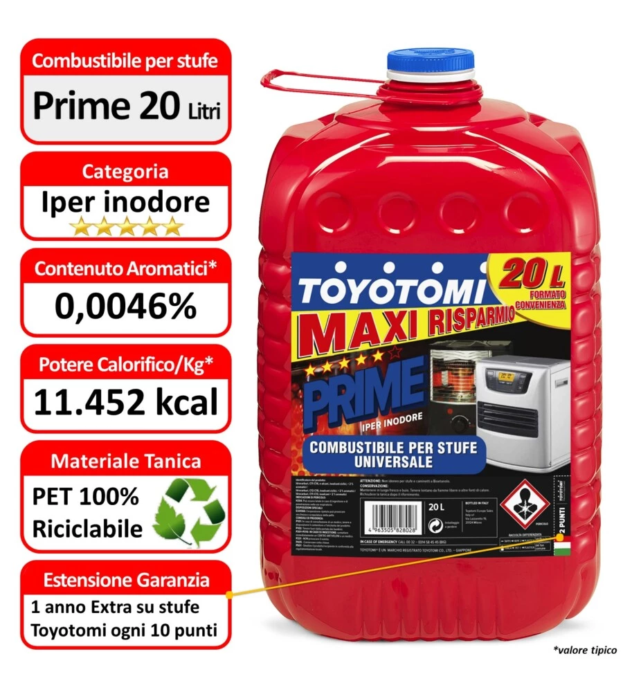 6 TANICHE DA 20 LITRI DI COMBUSTIBILE LIQUIDO "TOYOTOMI PRIME" - TOTALE DI 120 LITRI