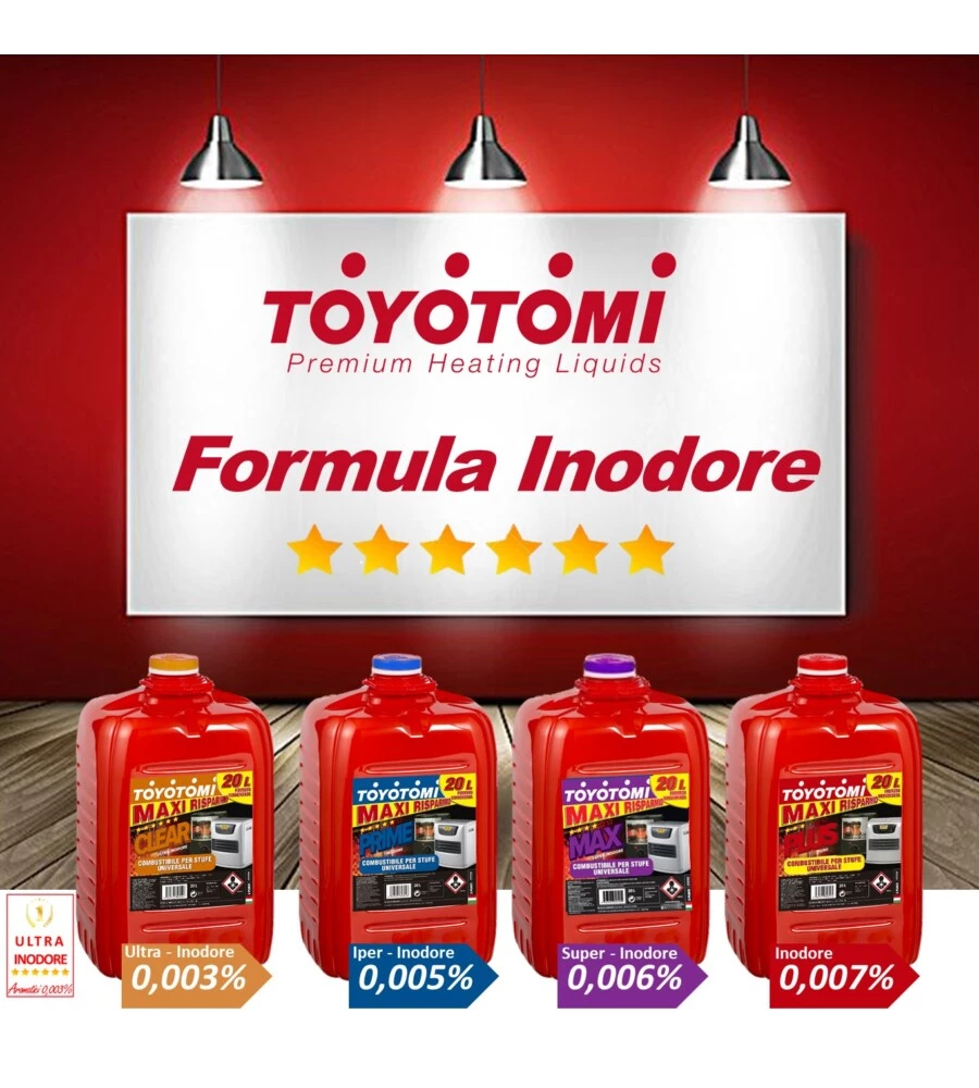 6 TANICHE DA 20 LITRI DI COMBUSTIBILE LIQUIDO "TOYOTOMI PRIME" - TOTALE DI 120 LITRI
