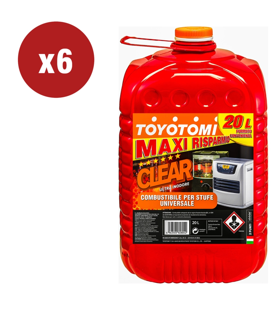 6 TANICHE DA 20 LITRI DI COMBUSTIBILE LIQUIDO "TOYOTOMI CLEAR" - TOTALE DI 120 LITRI