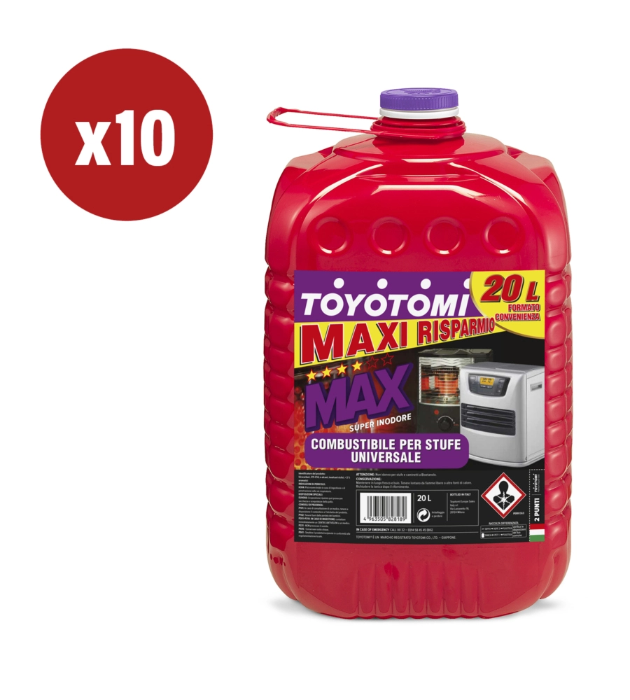 10 TANICHE DA 20 LITRI DI COMBUSTIBILE LIQUIDO "TOYOTOMI MAX" - TOTALE DI 200 LITRI