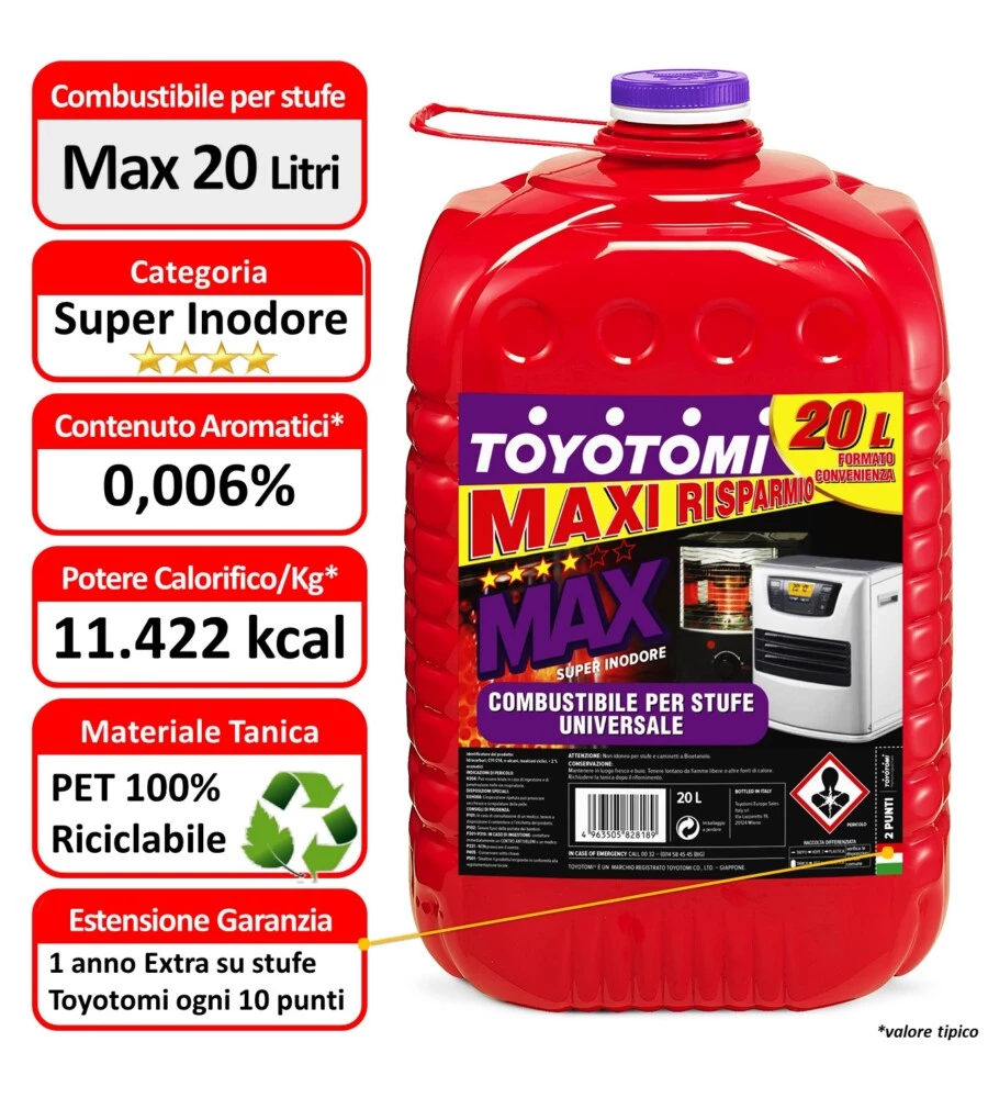 10 TANICHE DA 20 LITRI DI COMBUSTIBILE LIQUIDO "TOYOTOMI MAX" - TOTALE DI 200 LITRI