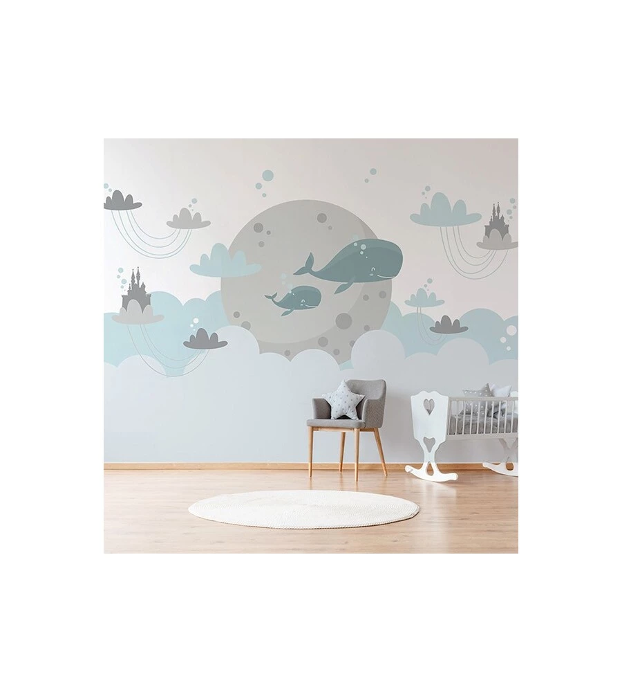 FOTOMURALE ADESIVO "WHALES IN THE SKY" IN PVC, 312X280 CM