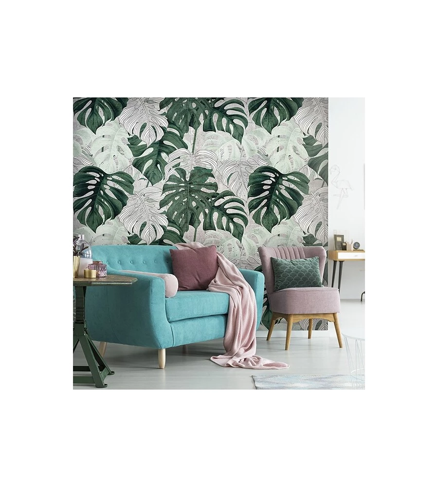 FOTOMURALE ADESIVO "TROPICAL LEAVES" IN PVC, 416X280 CM