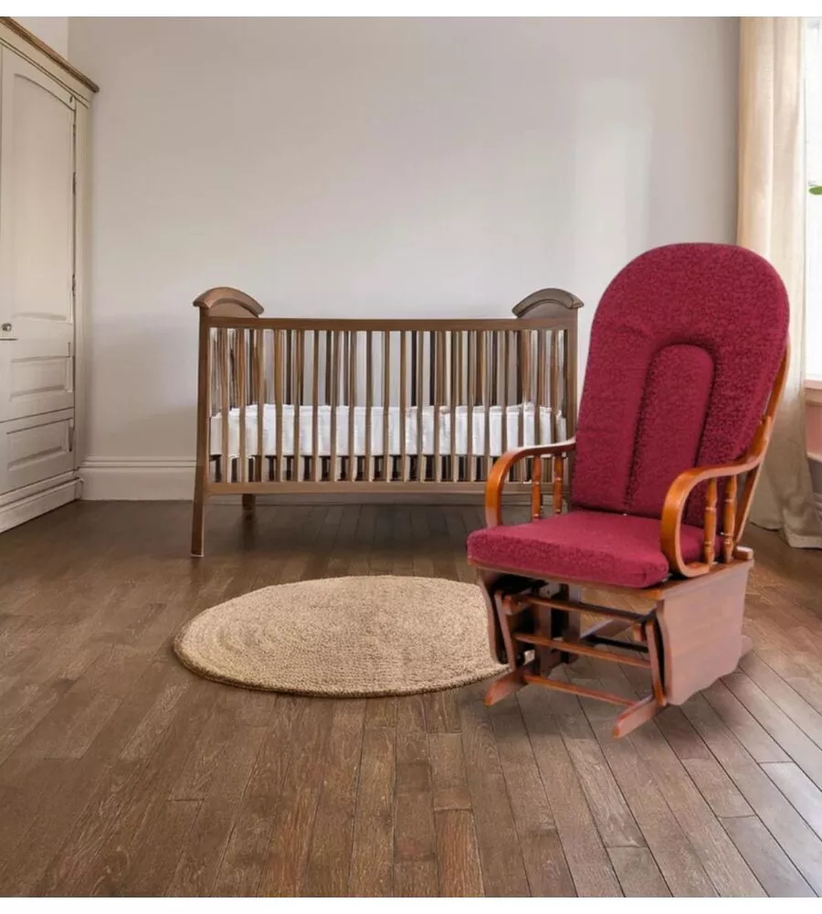 POLTRONA DONDOLO OSCILLANTE DA ALLATTAMENTO "DOUGLAS" LEGNO MASSELLO NOCE E CUSCINO BORDEAUX, 68X50X107 CM