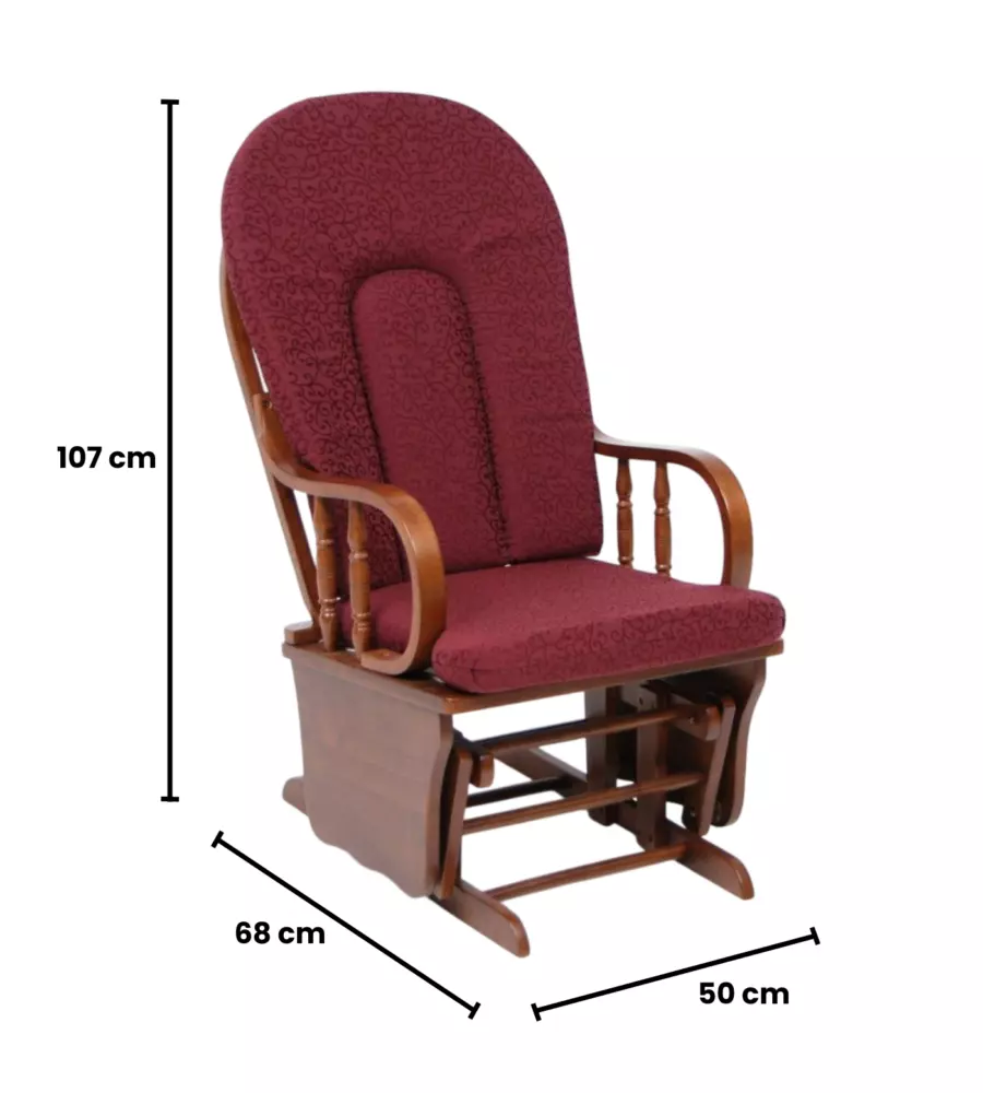 POLTRONA DONDOLO OSCILLANTE DA ALLATTAMENTO "DOUGLAS" LEGNO MASSELLO NOCE E CUSCINO BORDEAUX, 68X50X107 CM