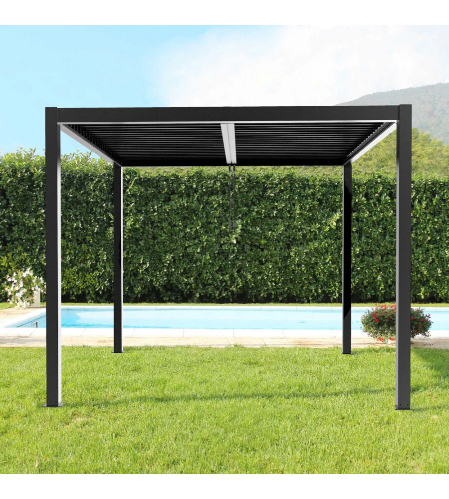 GAZEBO PERGOLA BIOCLIMATICA DA ESTERNO ELICA GARDEN GRIGIO SCURO IN ALLUMINIO - 3X3X2,5 M