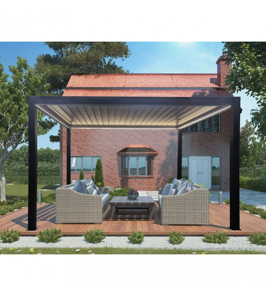 GAZEBO PERGOLA BIOCLIMATICA DA ESTERNO ELICA GARDEN ANTRACITE IN ALLUMINIO, CON LED E COPERTURA MOTORIZZATA - 3X4X2,5 M