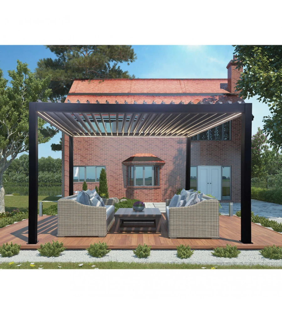 GAZEBO PERGOLA BIOCLIMATICA DA ESTERNO ELICA GARDEN ANTRACITE IN ALLUMINIO, CON LED E COPERTURA MOTORIZZATA - 4X4X2,5 M