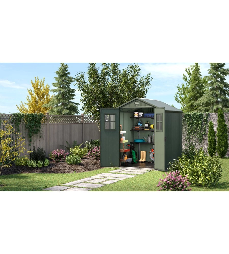CASETTA DA GIARDINO KETER "DARWIN 6x6" IN EVOTECH+ COLORE VERDE CON PORTA BATTENTE DOPPIA 190X183X221 CM