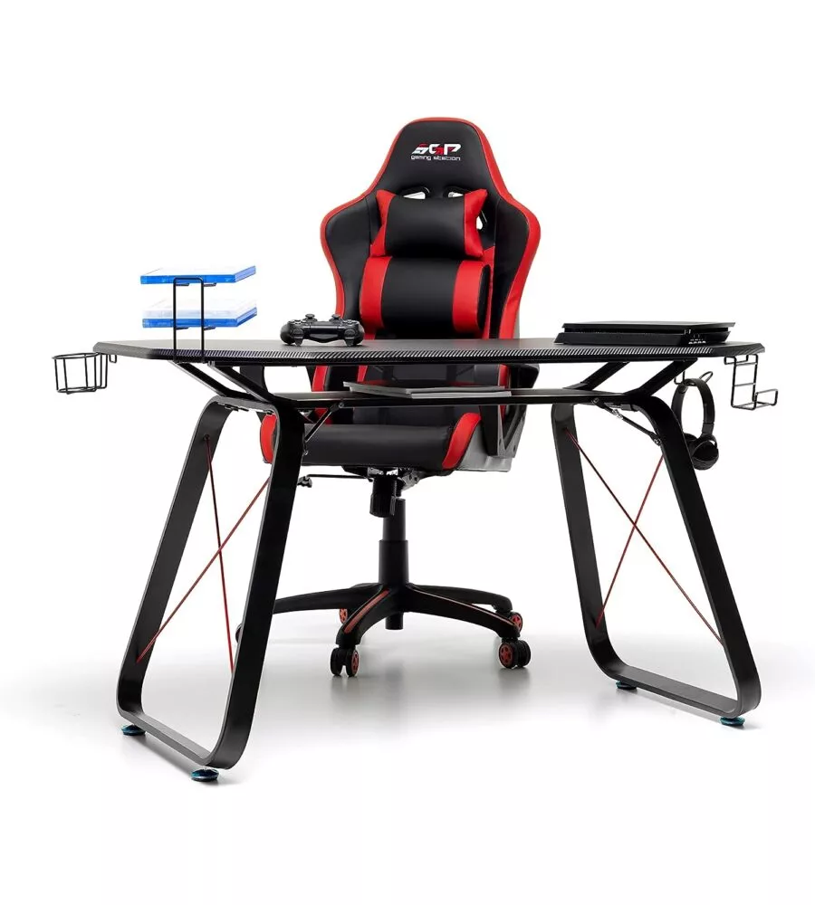SCRIVANIA GAMING NERA CON PORTA CUFFIE E BICCHIERE, 145X65X89CM