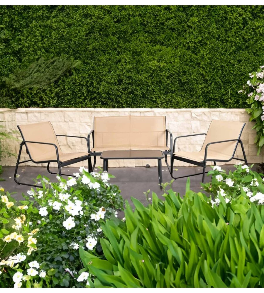 SET DA GIARDINO EUROGARDEN "MAGNOLIA" IN ACCIAIO E TEXTILENE BEIGE 4 SEDUTE E TAVOLINO