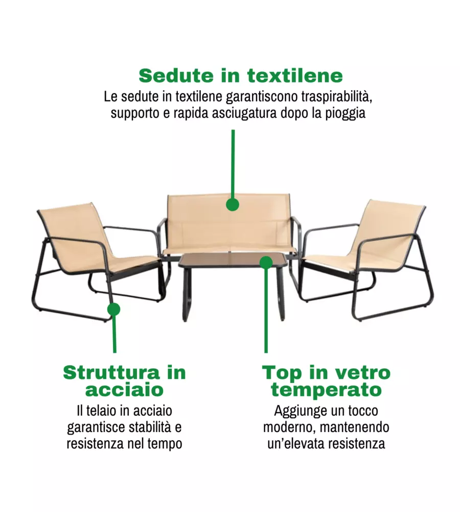 SET DA GIARDINO EUROGARDEN "MAGNOLIA" IN ACCIAIO E TEXTILENE BEIGE 4 SEDUTE E TAVOLINO