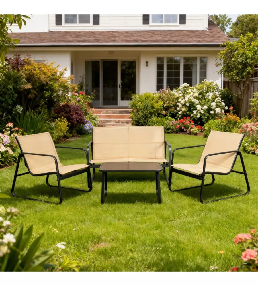 SET DA GIARDINO EUROGARDEN "MAGNOLIA" IN ACCIAIO E TEXTILENE BEIGE 4 SEDUTE E TAVOLINO